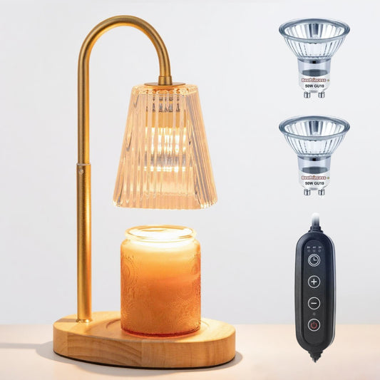 Candle Warmer Lamp with Timer, Dimmable, Adjustable Height - Electric Top Down Melting for All Jar Candles - Home Decor Wax Melter Light in Amber (Includes 2 Halogen Bulbs)
