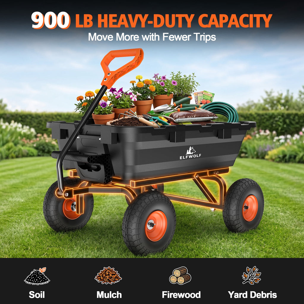 ELFWOLF 900 lb Heavy Duty Garden Dump Cart, 4 cu ft Yard Wagon with Quick-Release Dump Bed and Expandable Wood Rail Design