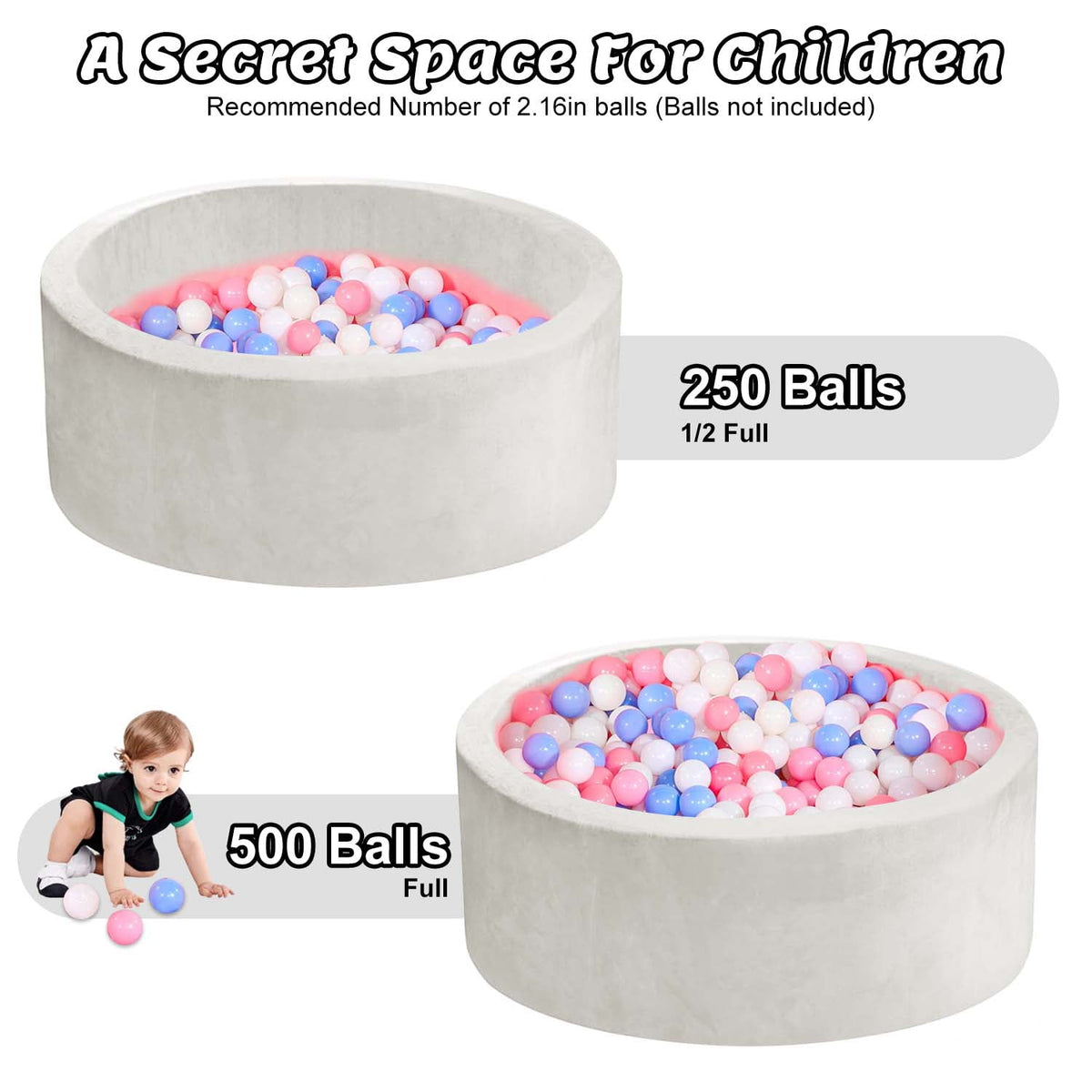 BEEPRINCESS Foam Ball Pit - Soft Play for Baby Infants and Toddlers Ages 1-3, Round Shape, No Balls Included, White