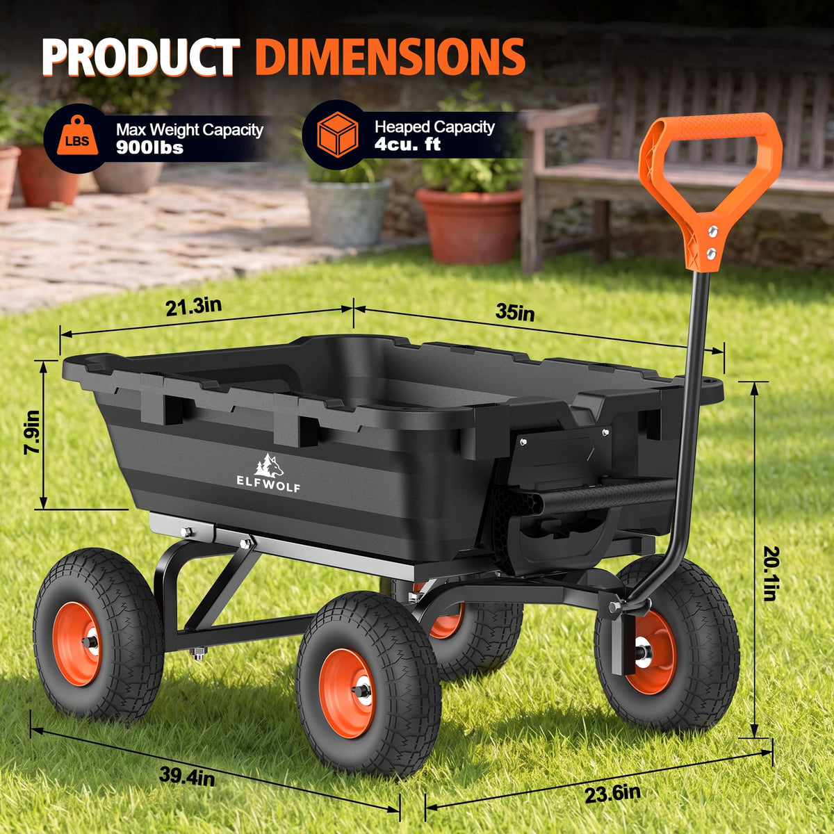 ELFWOLF 900 lb Heavy Duty Garden Dump Cart, 4 cu ft Yard Wagon with Quick-Release Dump Bed and Expandable Wood Rail Design