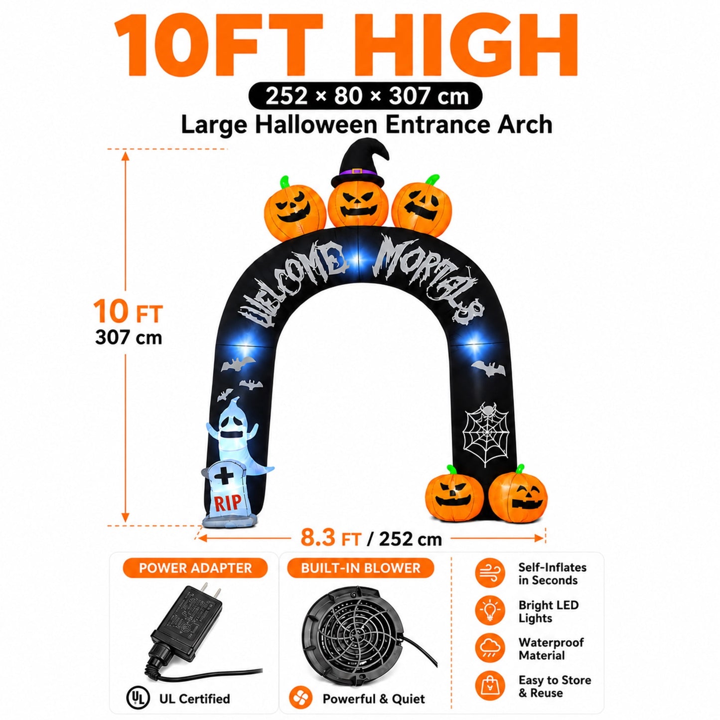 BEEPRINCESS 10FT Halloween Inflatable Arch for Outdoor Decor, LED Lighted Scary Archway with Ghost & Pumpkin, Blow Up Yard Decoration for Haunted Party Graveyard