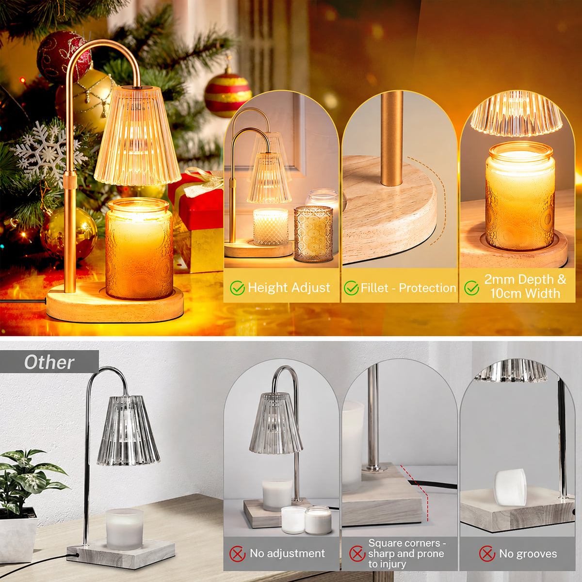 Candle Warmer Lamp with Timer, Dimmable, Adjustable Height - Electric Top Down Melting for All Jar Candles - Home Decor Wax Melter Light in Amber (Includes 2 Halogen Bulbs)