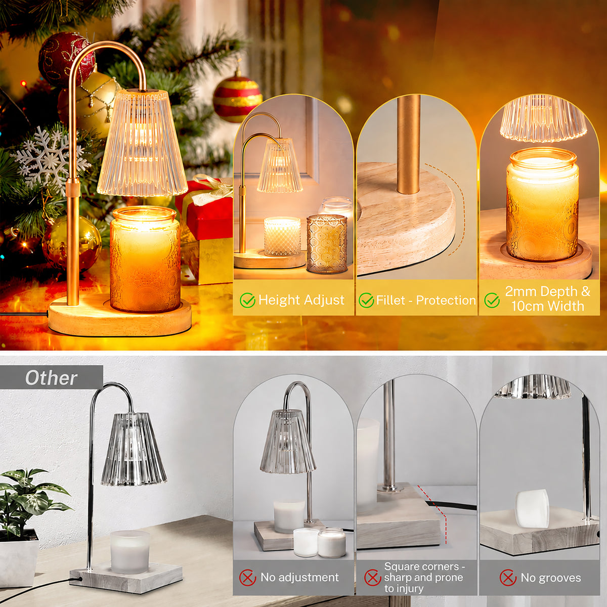 Candle Warmer Lamp with Timer, Dimmable, Adjustable Height - Electric Top Down Melting for All Jar Candles - Home Decor Wax Melter Light in Amber (Includes 2 Halogen Bulbs)
