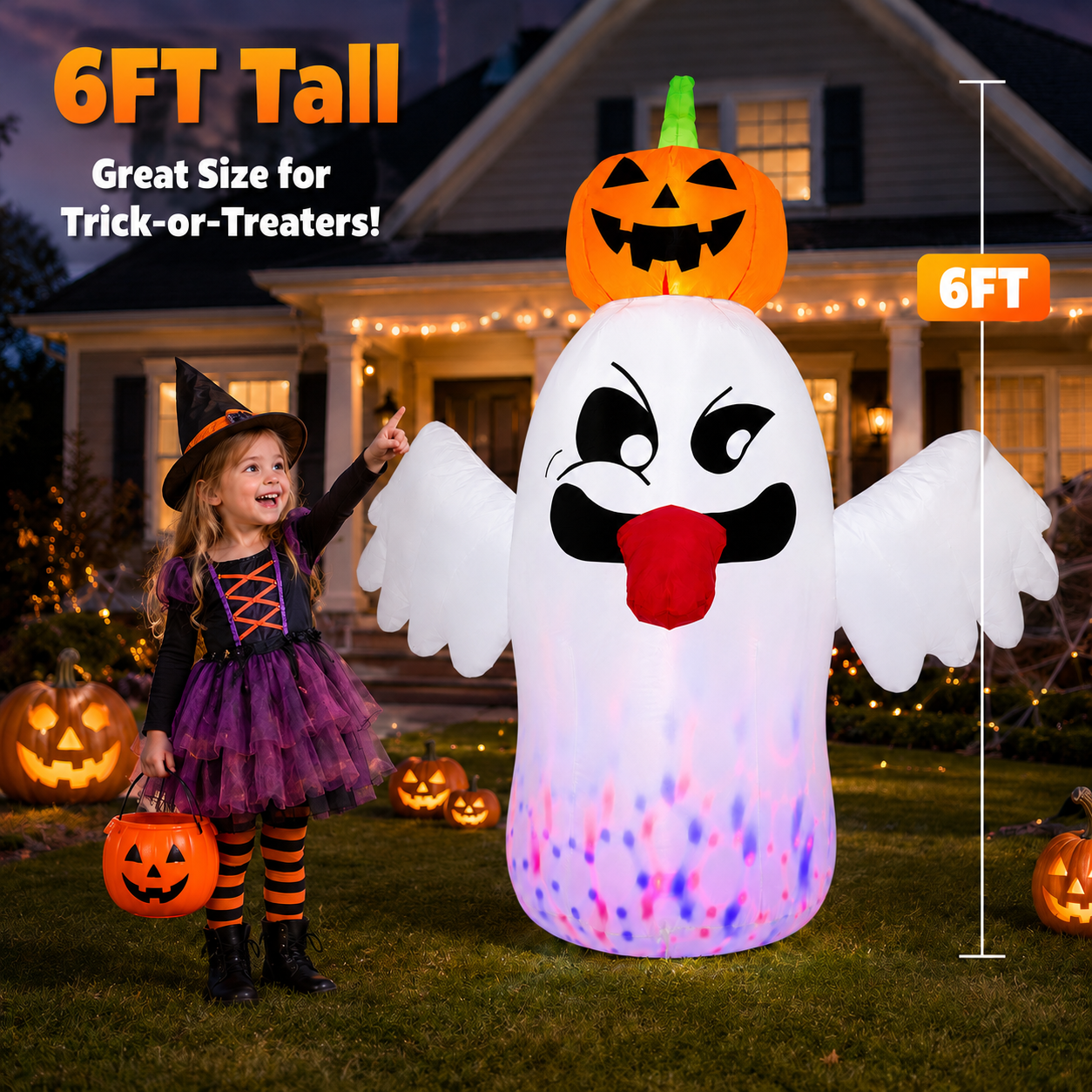 BEEPRINCESS 6FT Halloween Inflatable Ghost with Pumpkin Head, Light-Up Blow Up Outdoor Yard Decoration with White and RGB LED Lights