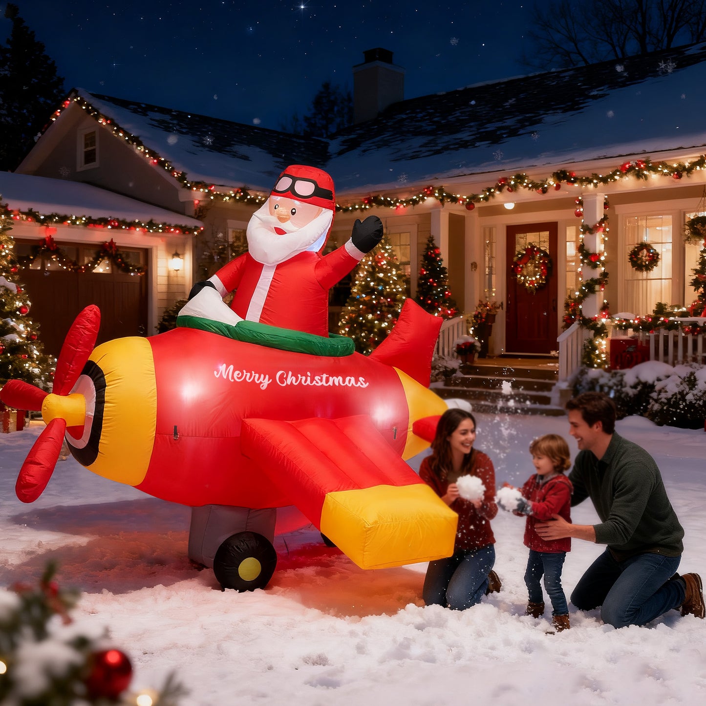 BeePrincess 7ft Animated Santa Helicopter Christmas Inflatable – Light-Up Flying Santa Claus, Outdoor Christmas Yard Decoration for Lawn, Garden, Party
