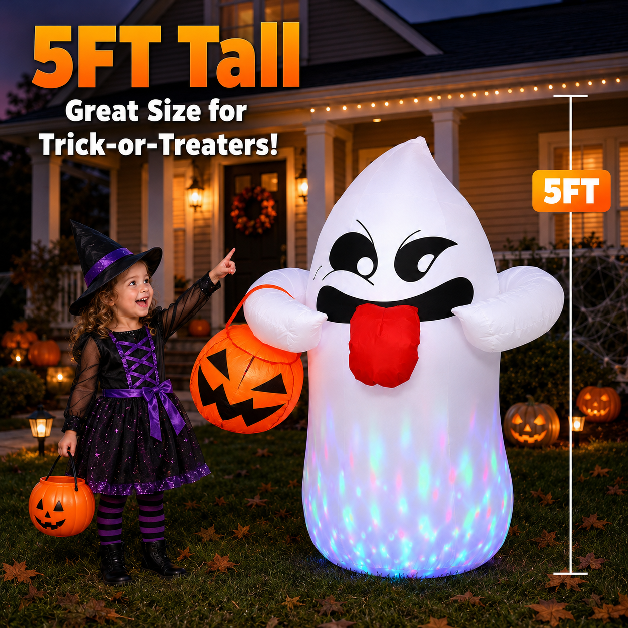 BEEPRINCESS 5FT Halloween Inflatable Ghost Holding Pumpkin Lantern, Light-Up Blow Up Outdoor Yard Decoration with RGB LED Lights