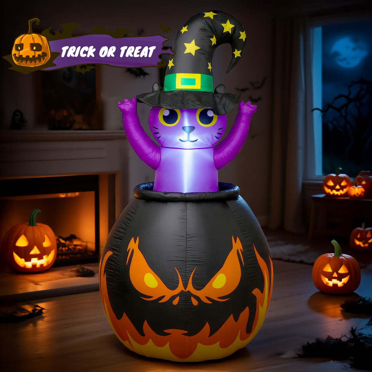 BeePrincess 6FT Halloween Inflatable - Glowing Witch Cat with LED Lights, Halloween Party Indoor Outdoor Yard Garden