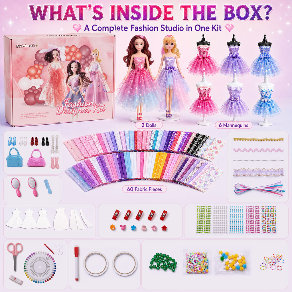 BEEPRINCESS 1500+ Pcs Fashion Designer Kit for Girls, DIY Doll Clothes Making Sewing Kit with 2 Dolls, 6 Mannequins, 60 Fabrics, Templates, Ribbons, Shoes & Bags, Arts and Crafts Toy Gift for Ages 6+