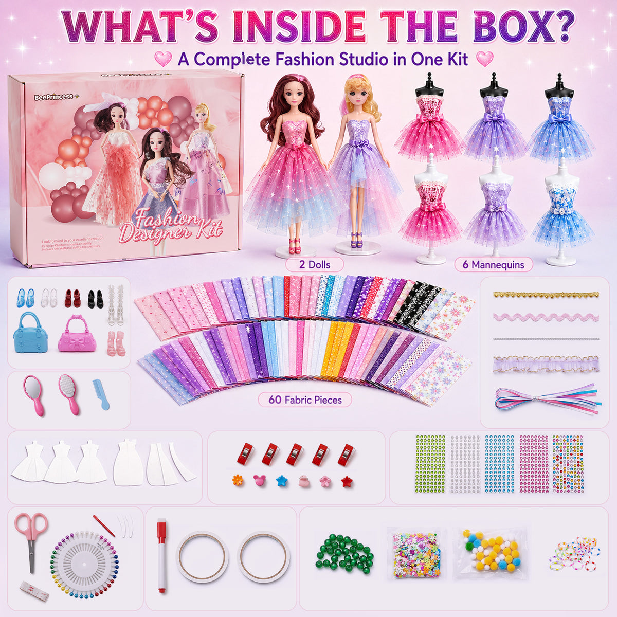 BEEPRINCESS 1500+ Pcs Fashion Designer Kit for Girls, DIY Doll Clothes Making Sewing Kit with 2 Dolls, 6 Mannequins, 60 Fabrics, Templates, Ribbons, Shoes & Bags, Arts and Crafts Toy Gift for Ages 6+