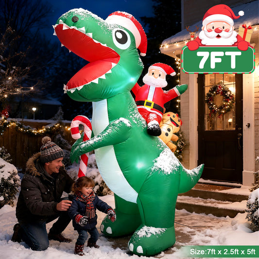 BeePrincess 7FT LED Santa Riding Dinosaur Christmas Inflatable - Outdoor Blow-Up Yard Decoration with Sandbags, Stakes & Strings for Garden, Lawn, Holiday Decor