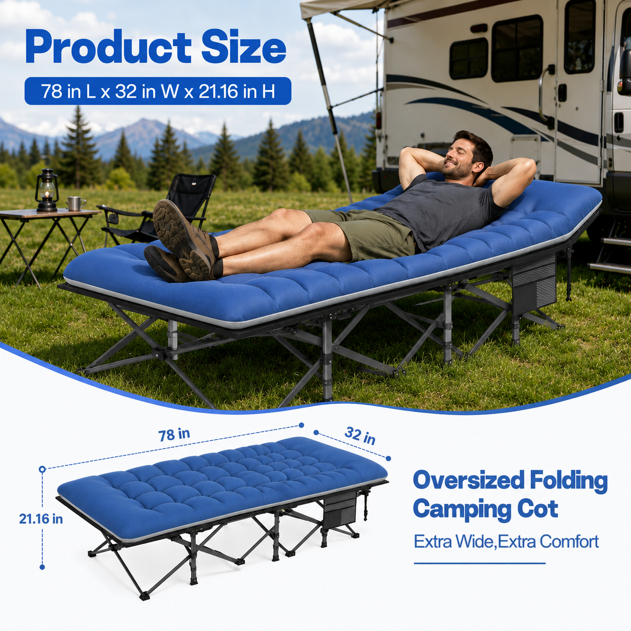 ELFWOLF XXL Camping Cot for Adults, 600lb Heavy Duty Folding Cot with Padded Mattress, 78 x 32 in Portable Cot with Carry Bag