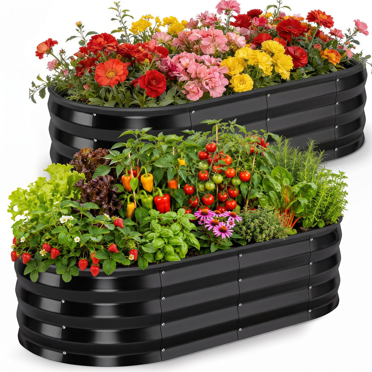 ELFWOLF Galvanized Raised Garden Bed, 2 Pack 4 x 2 x 1 FT Outdoor Metal Planter Boxes with Open Bottom for Vegetables, Black