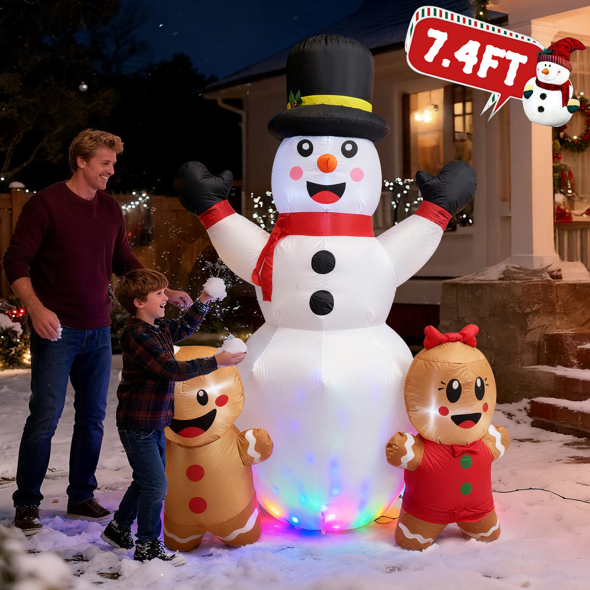 BeePrincess 7FT Christmas Inflatable Snowman & Gingerbread Men Set - Outdoor LED Decor with Adorable Trio for Yard, Garden Winter Decorations