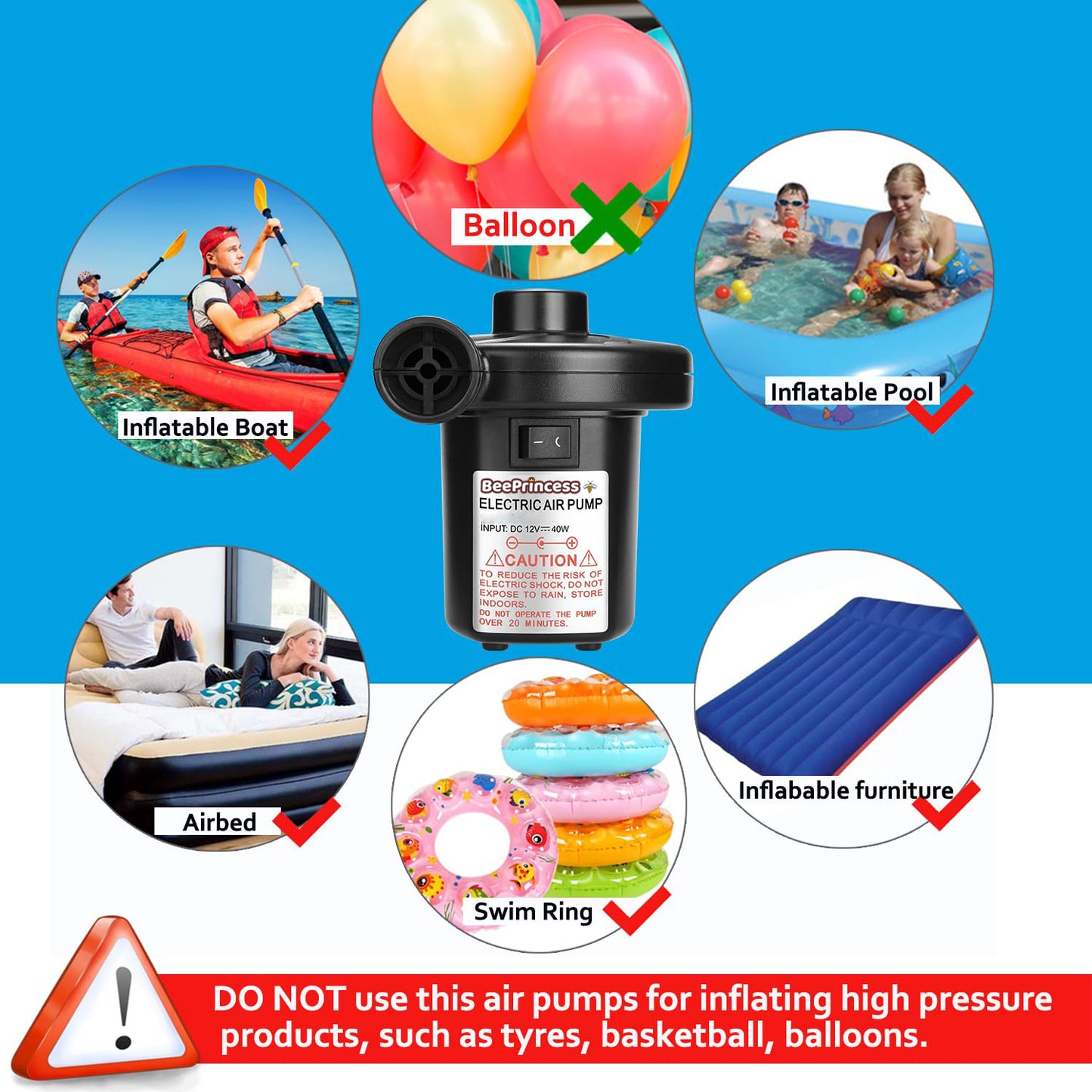 Beeprincess Electric Air Pumps for Inflatables with 3 Nozzles 110V AC/12V DC, Quick-Fill Inflator/Deflator for Inflatable Cushions, Air Mattresses, Boats, Swimming Rings