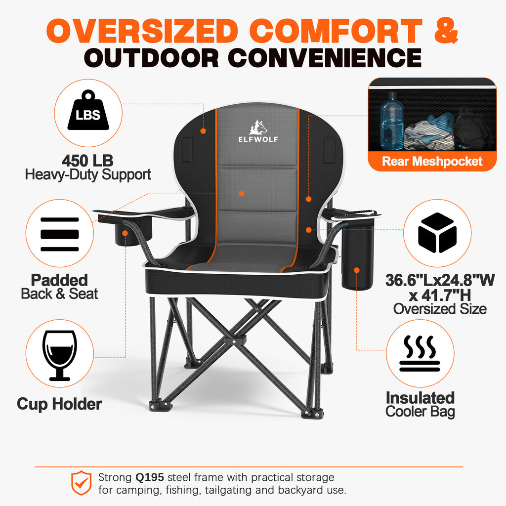 ELFWOLF 2 Pack Oversized Padded Camping Chairs, 450 lb Heavy Duty Folding Camp Chairs for Adults with Cooler Bag, Cup Holder, Rear Mesh Pocket and Carry Bags, Black/Dark Gray