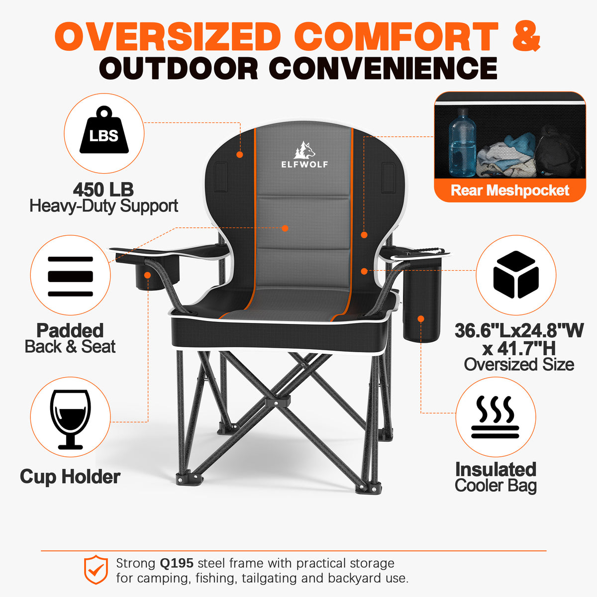 ELFWOLF 2 Pack Oversized Padded Camping Chairs, 450 lb Heavy Duty Folding Camp Chairs for Adults with Cooler Bag, Cup Holder, Rear Mesh Pocket and Carry Bags, Black/Dark Gray