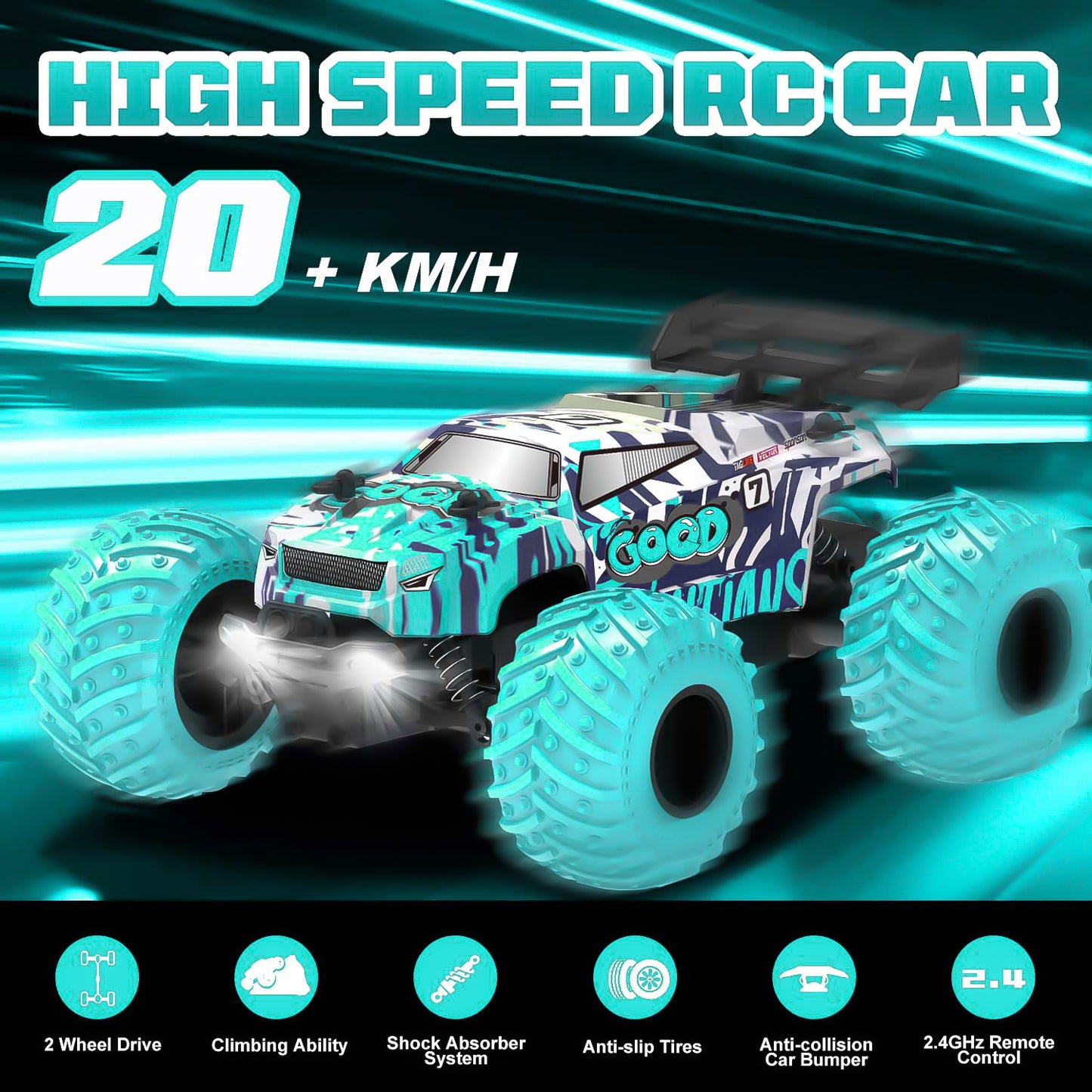 BEEPRINCESS Remote Control Car, 1:18 Scale All Terrain RC Cars, 2WD 20Km/h with Colorful LED Light and 2 Rechargeable Batteries, RC Monster Truck Off-road Racing Car Toys for Kids and Boys, Blue
