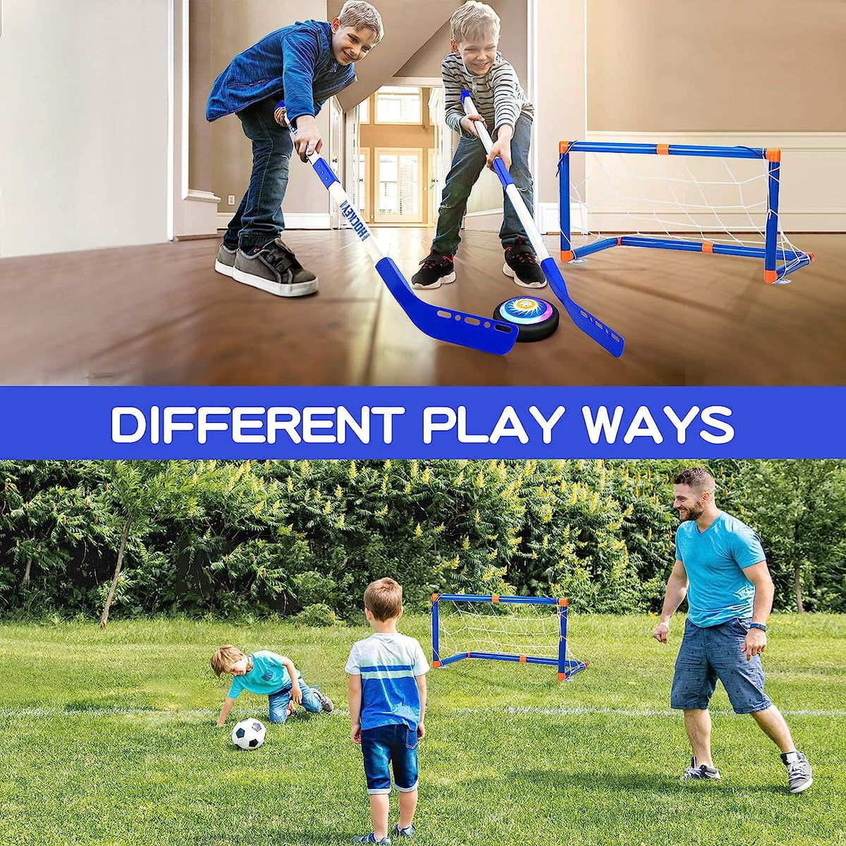 BEEPRINCESS Hover Soccer Ball, 4-in-1 Hover Hockey Ball Bowling Set for Kids, Indoor and Outdoor Sports Games Toys for Kids Ages 3-12, Rechargeable LED Soccer Games Toys for 3-12 Year Old Boys
