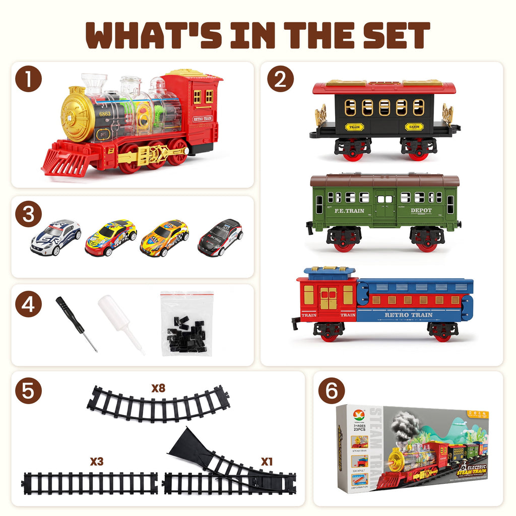 BEEPRINCESS Electric Train Set for Kids Ages 3+, Battery-Powered Toy Train with Steam, Lights & Sounds, 4 Mini Cars and Launcher