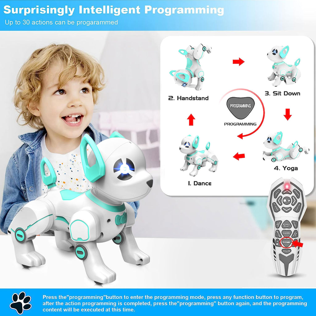 BEEPRINCESS RC Robot Dog, Electronic Pet Dog with Voice Control, Interactive and Stunt, White/Green