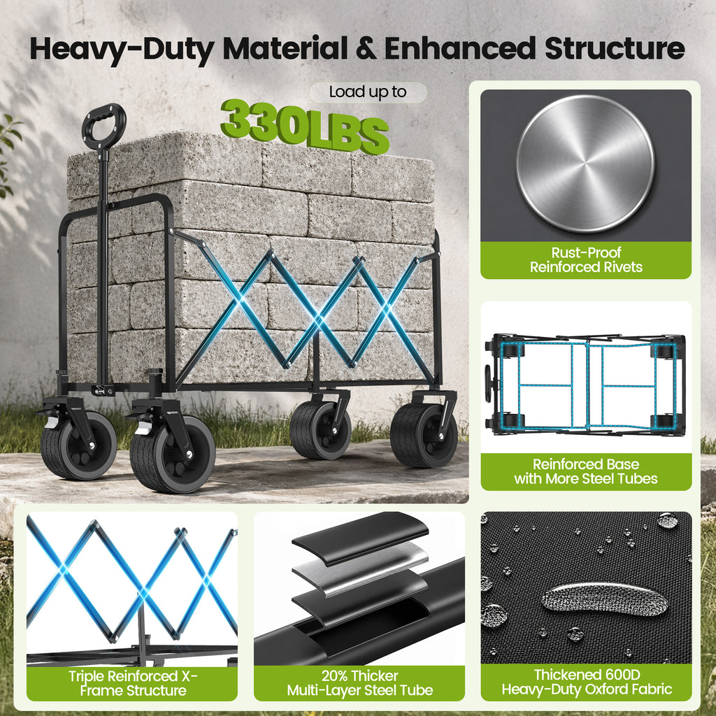 ELFWOLF Heavy Duty Folding Wagon Cart, 330 lb Load Capacity, All-Terrain Wheels, Portable Collapsible Wagon for Camping, Gardening, Sports, Shopping & Grocery Transport