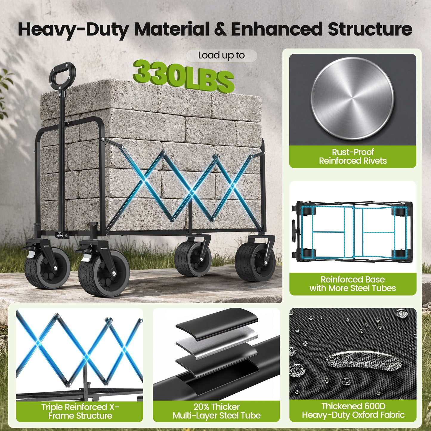 ELFWOLF Heavy Duty Folding Wagon Cart, 330 lb Load Capacity, All-Terrain Wheels, Portable Collapsible Wagon for Camping, Gardening, Sports, Shopping & Grocery Transport