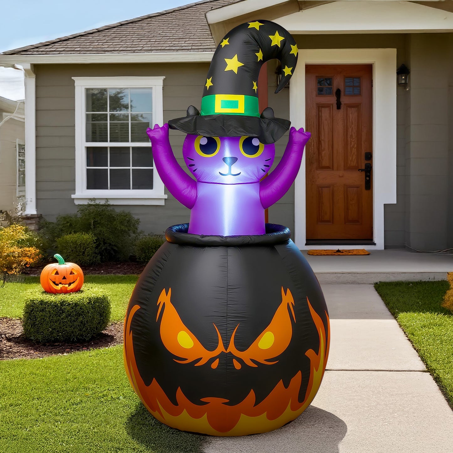 BeePrincess 6FT Halloween Inflatable - Glowing Witch Cat with LED Lights, Halloween Party Indoor Outdoor Yard Garden
