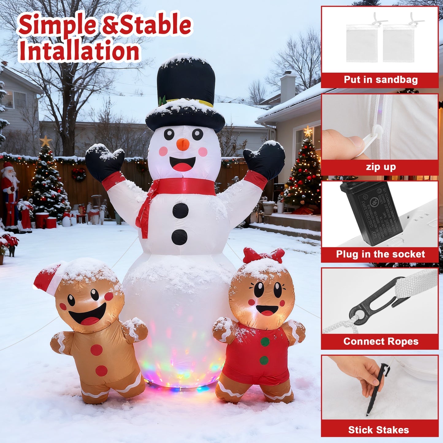 BeePrincess 7FT Christmas Inflatable Snowman & Gingerbread Men Set - Outdoor LED Decor with Adorable Trio for Yard, Garden Winter Decorations