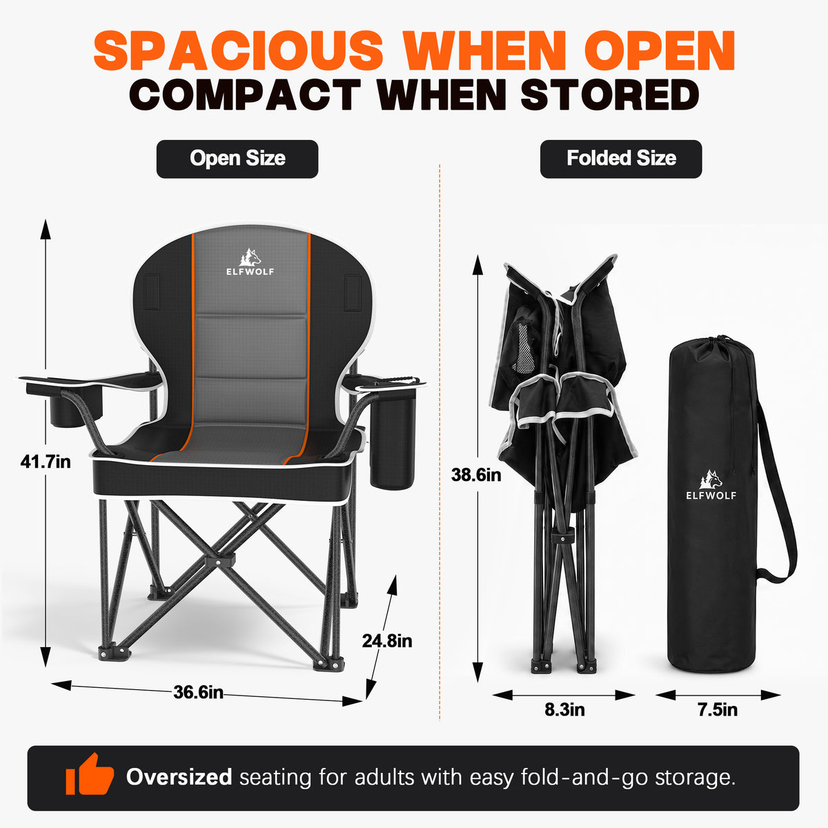 ELFWOLF 2 Pack Oversized Padded Camping Chairs, 450 lb Heavy Duty Folding Camp Chairs for Adults with Cooler Bag, Cup Holder, Rear Mesh Pocket and Carry Bags, Black/Dark Gray
