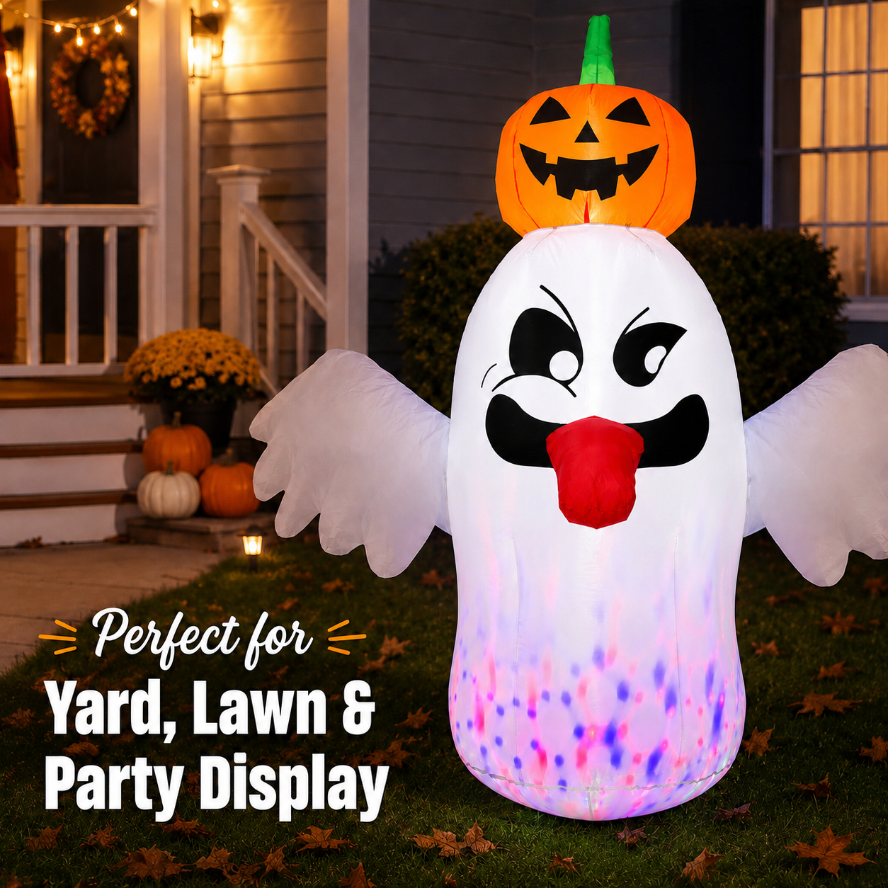 BEEPRINCESS 6FT Halloween Inflatable Ghost with Pumpkin Head, Light-Up Blow Up Outdoor Yard Decoration with White and RGB LED Lights