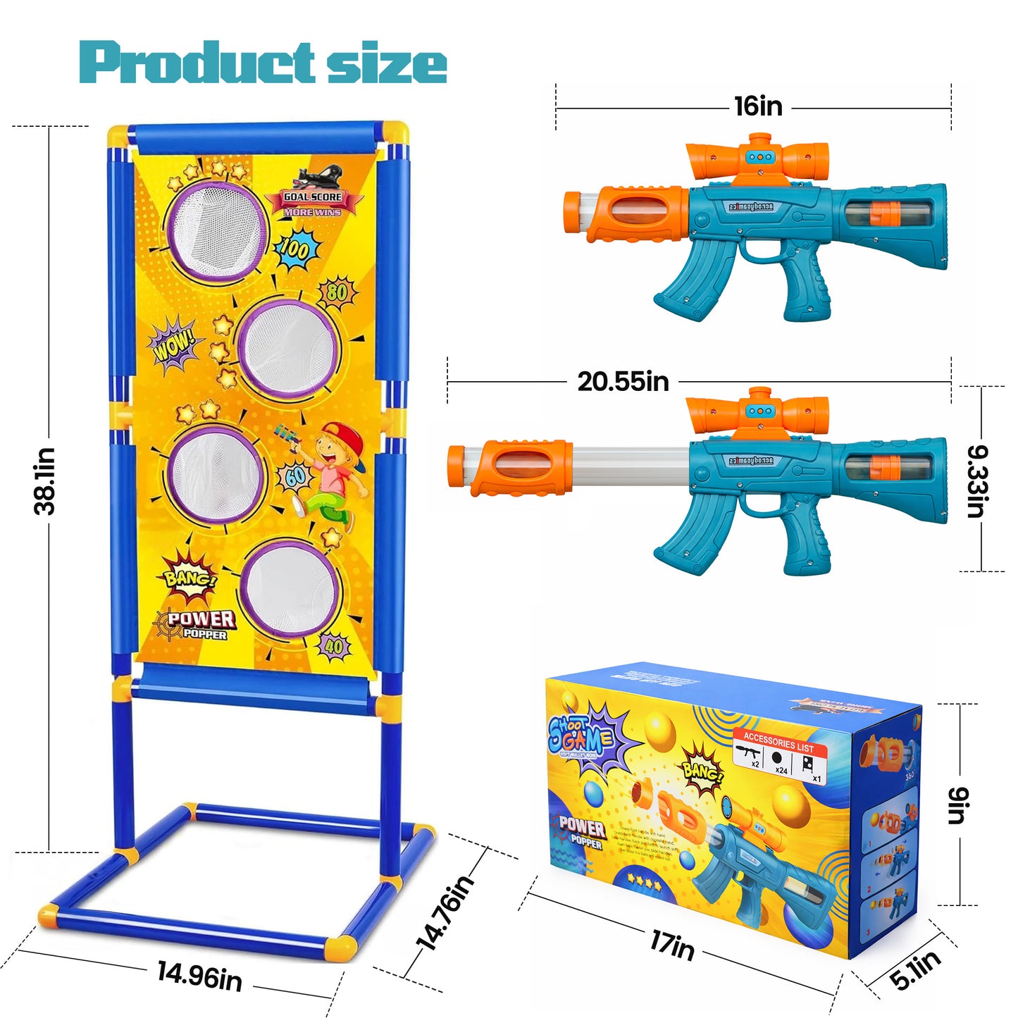 BEEPRINCESS Shooting Game Toy for Age 6, 7, 8, 9, 10+ Years Old Kids Boys - 2 Pack Air Toy Guns & Shooting Target & 24 Foam Balls - Ideal Gift for Christmas Birthday - Compatible with Toy Guns
