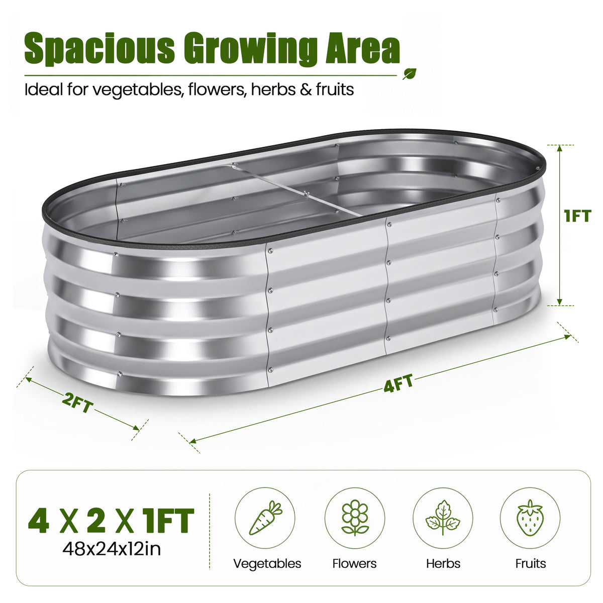 ELFWOLF Galvanized Raised Garden Bed, 4 x 2 x 1 FT Outdoor Metal Planter Box with Open Base for Vegetables, Flowers & Herbs, Silver