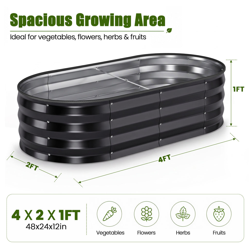 ELFWOLF Galvanized Raised Garden Bed, 4 x 2 x 1 FT Outdoor Metal Planter Box with Open Base for Vegetables, Flowers & Herbs, Black