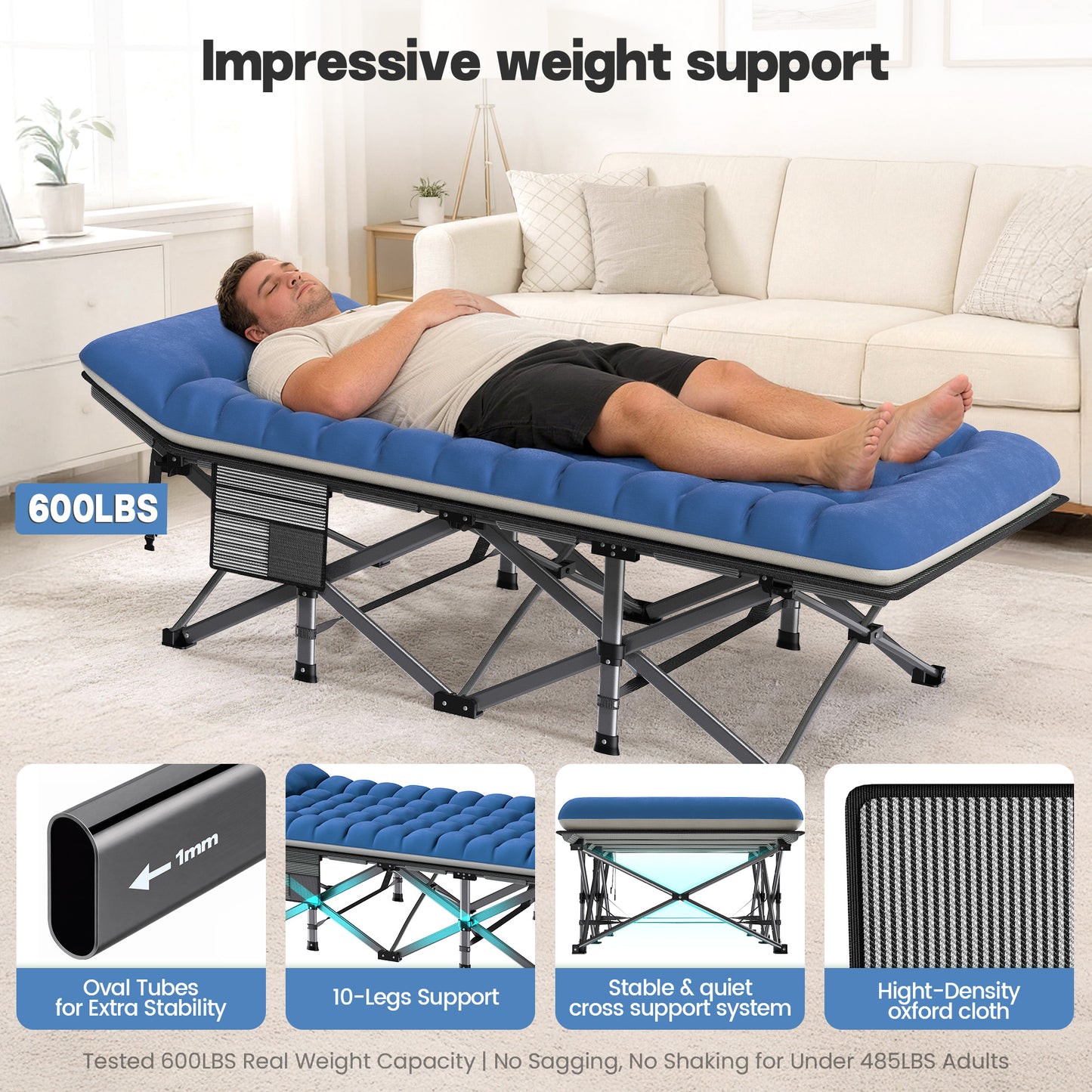 ELFWOLF XXL Camping Cot for Adults, 600lb Heavy Duty Folding Cot with Padded Mattress, 78 x 32 in Portable Cot with Carry Bag