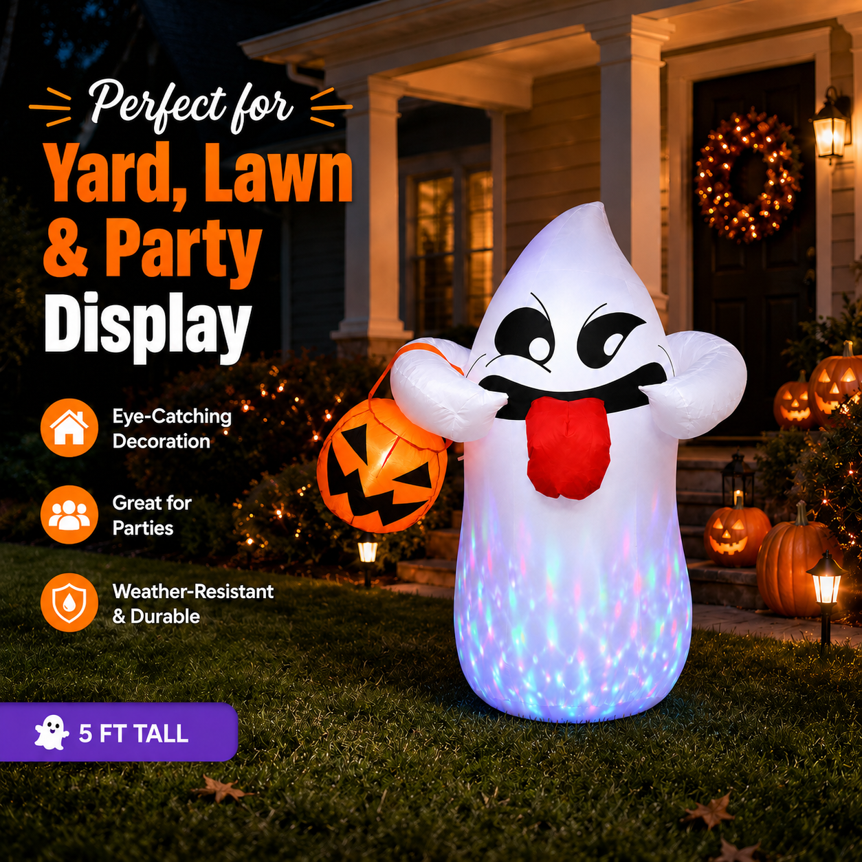 BEEPRINCESS 5FT Halloween Inflatable Ghost Holding Pumpkin Lantern, Light-Up Blow Up Outdoor Yard Decoration with RGB LED Lights
