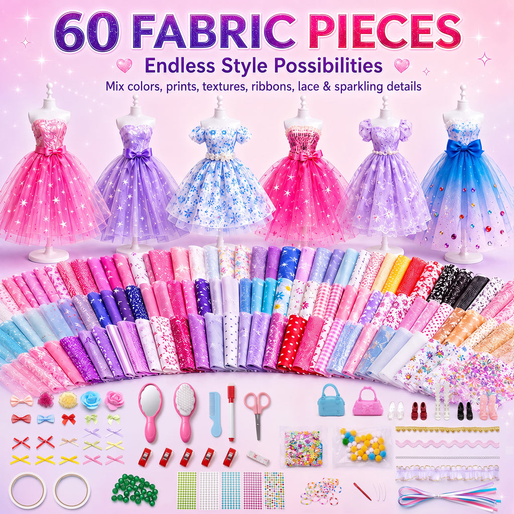BEEPRINCESS 1500+ Pcs Fashion Designer Kit for Girls, DIY Doll Clothes Making Sewing Kit with 2 Dolls, 6 Mannequins, 60 Fabrics, Templates, Ribbons, Shoes & Bags, Arts and Crafts Toy Gift for Ages 6+
