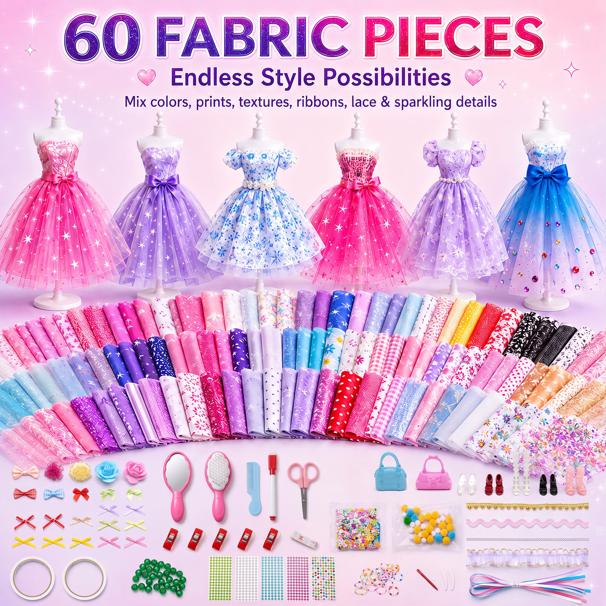 BEEPRINCESS 1500+ Pcs Fashion Designer Kit for Girls, DIY Doll Clothes Making Sewing Kit with 2 Dolls, 6 Mannequins, 60 Fabrics, Templates, Ribbons, Shoes & Bags, Arts and Crafts Toy Gift for Ages 6+