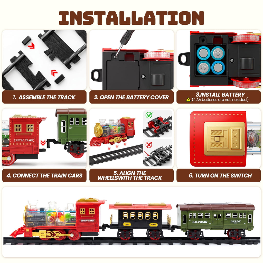 BEEPRINCESS Electric Train Set for Kids Ages 3+, Battery-Powered Toy Train with Steam, Lights & Sounds, 4 Mini Cars and Launcher