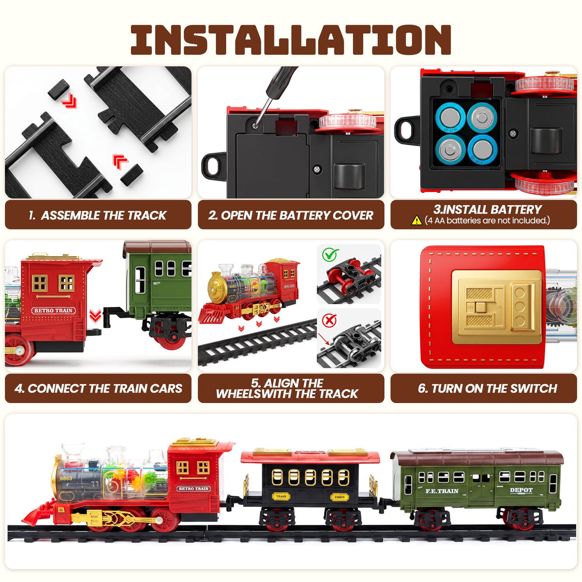BEEPRINCESS Electric Train Set for Kids Ages 3+, Battery-Powered Toy Train with Steam, Lights & Sounds, 4 Mini Cars and Launcher