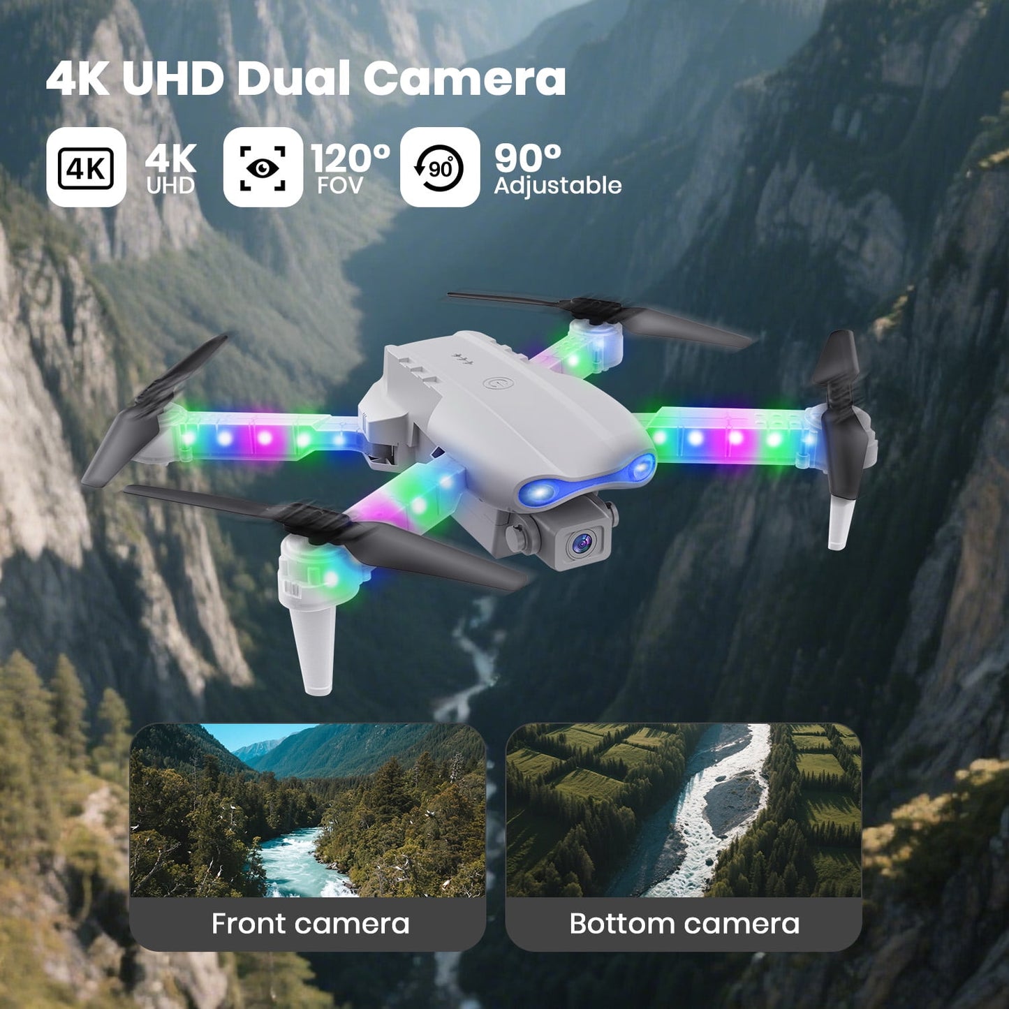 BEEPRINCESS Drone with Screen Remote Control and Cool Lights, RC Quadcopter with 4K HD Dual Camera for Beginner Adults Kids, Gray
