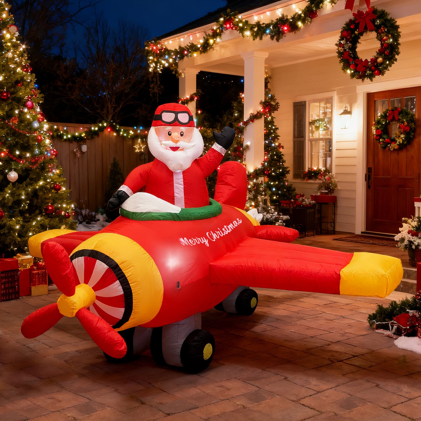 BeePrincess 7ft Animated Santa Helicopter Christmas Inflatable – Light-Up Flying Santa Claus, Outdoor Christmas Yard Decoration for Lawn, Garden, Party