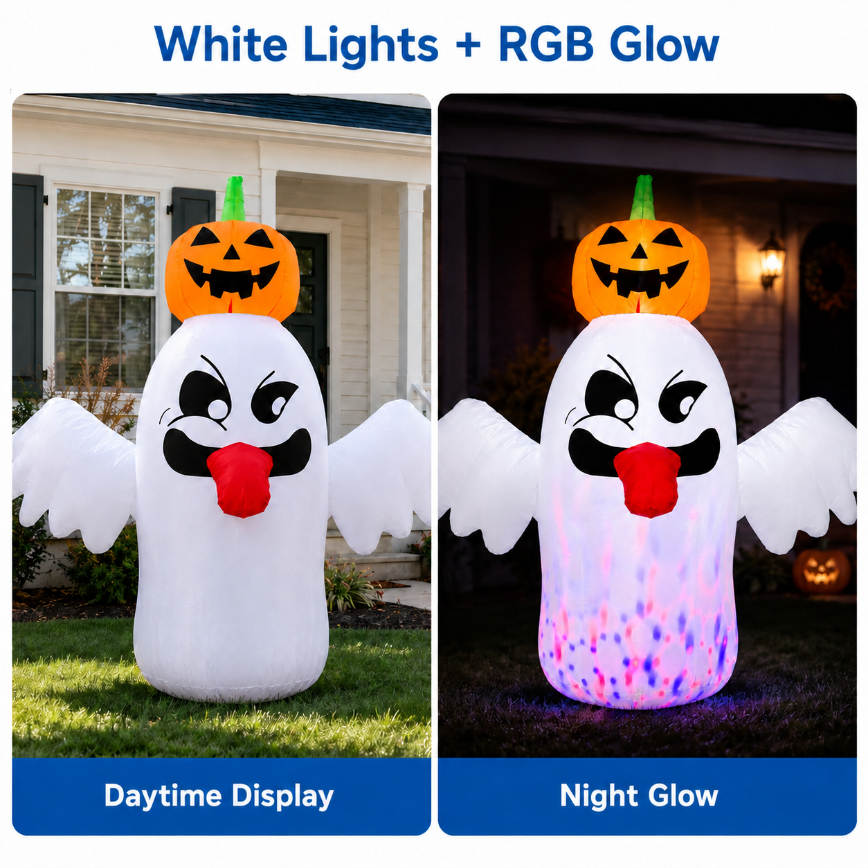 BEEPRINCESS 6FT Halloween Inflatable Ghost with Pumpkin Head, Light-Up Blow Up Outdoor Yard Decoration with White and RGB LED Lights