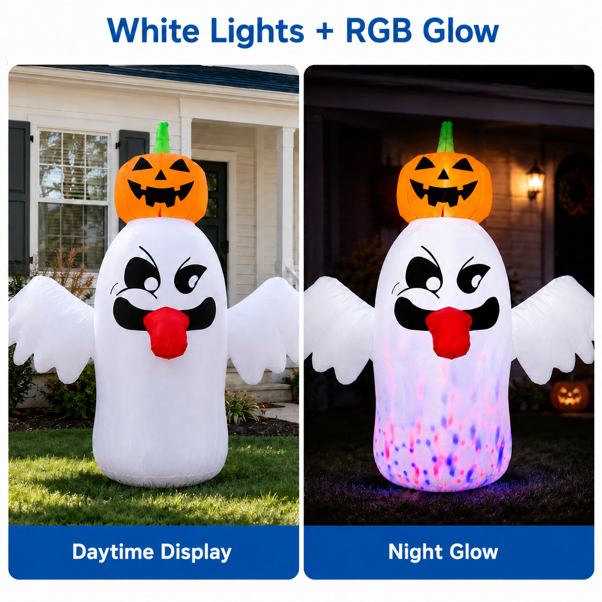 BEEPRINCESS 6FT Halloween Inflatable Ghost with Pumpkin Head, Light-Up Blow Up Outdoor Yard Decoration with White and RGB LED Lights