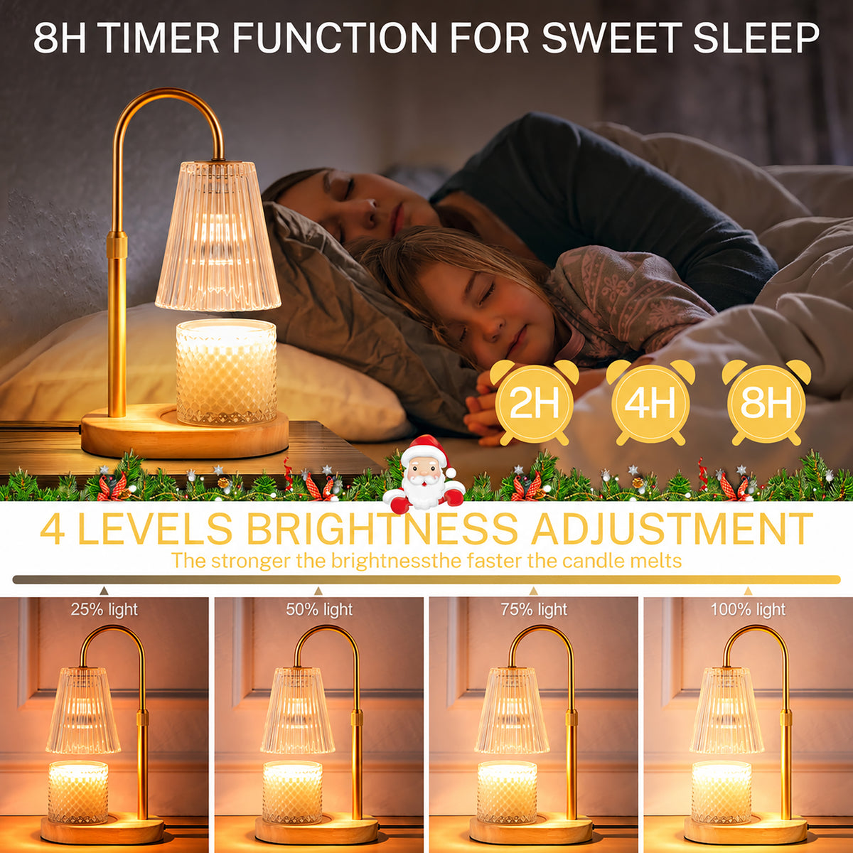 Candle Warmer Lamp with Timer, Dimmable, Adjustable Height - Electric Top Down Melting for All Jar Candles - Home Decor Wax Melter Light in Amber (Includes 2 Halogen Bulbs)
