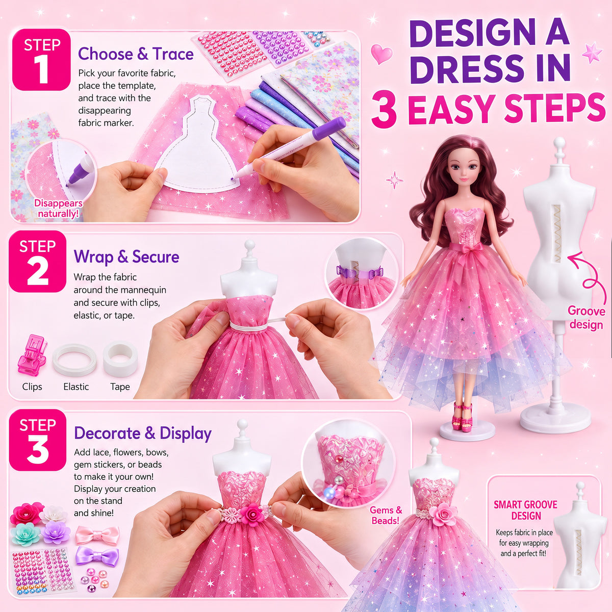 BEEPRINCESS 1500+ Pcs Fashion Designer Kit for Girls, DIY Doll Clothes Making Sewing Kit with 2 Dolls, 6 Mannequins, 60 Fabrics, Templates, Ribbons, Shoes & Bags, Arts and Crafts Toy Gift for Ages 6+