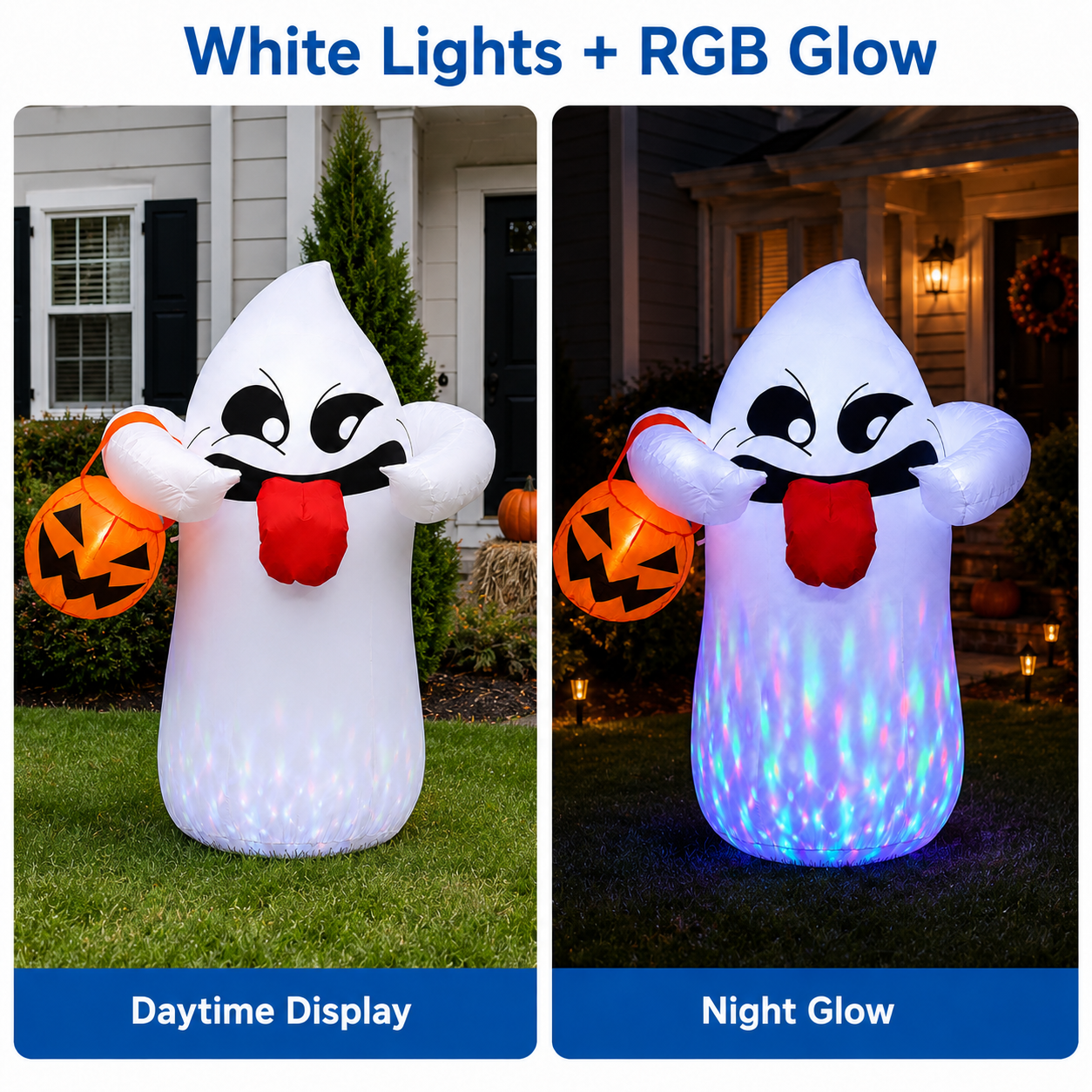 BEEPRINCESS 5FT Halloween Inflatable Ghost Holding Pumpkin Lantern, Light-Up Blow Up Outdoor Yard Decoration with RGB LED Lights