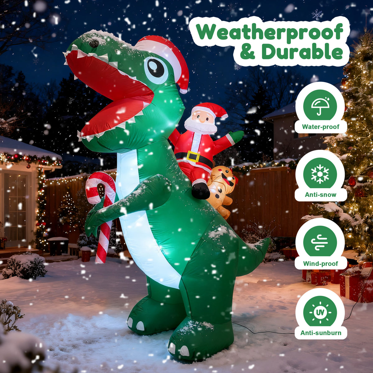 BeePrincess 7FT LED Santa Riding Dinosaur Christmas Inflatable - Outdoor Blow-Up Yard Decoration with Sandbags, Stakes & Strings for Garden, Lawn, Holiday Decor