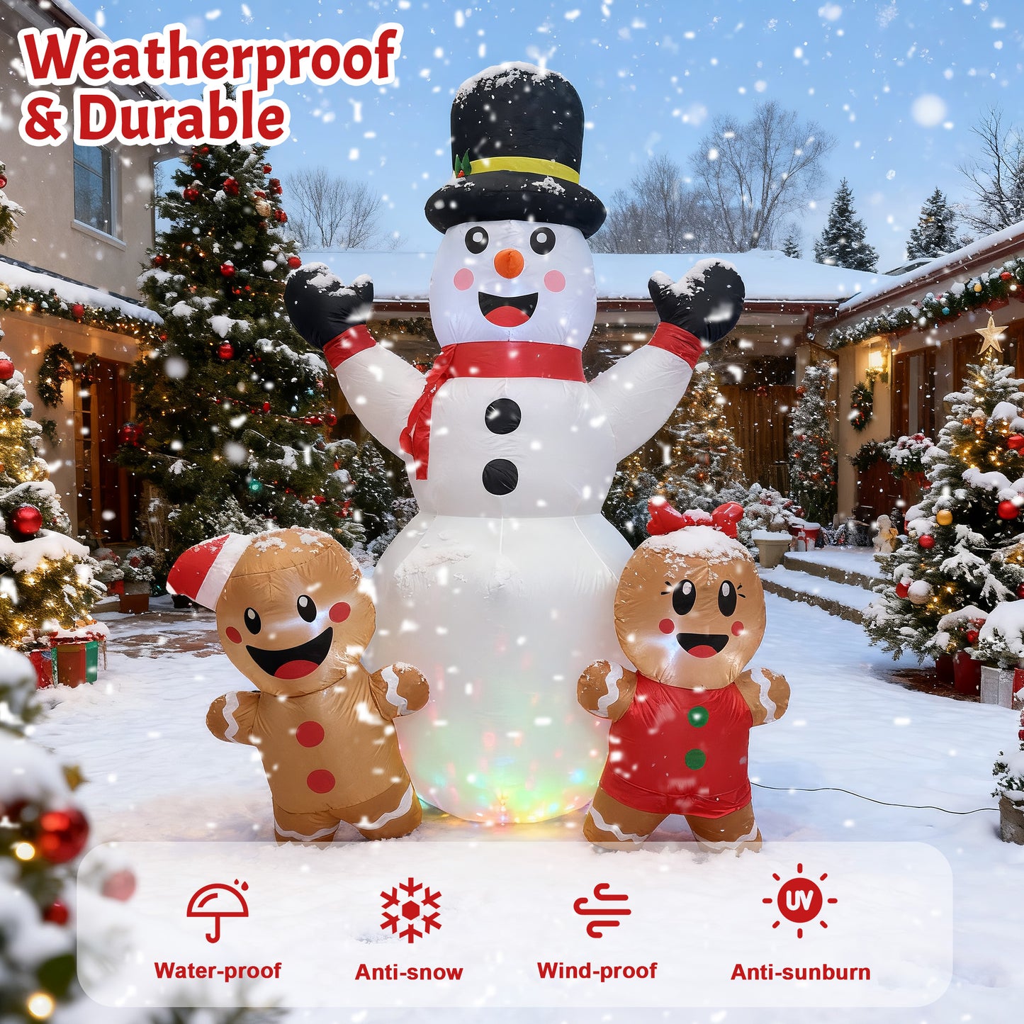 BeePrincess 7FT Christmas Inflatable Snowman & Gingerbread Men Set - Outdoor LED Decor with Adorable Trio for Yard, Garden Winter Decorations