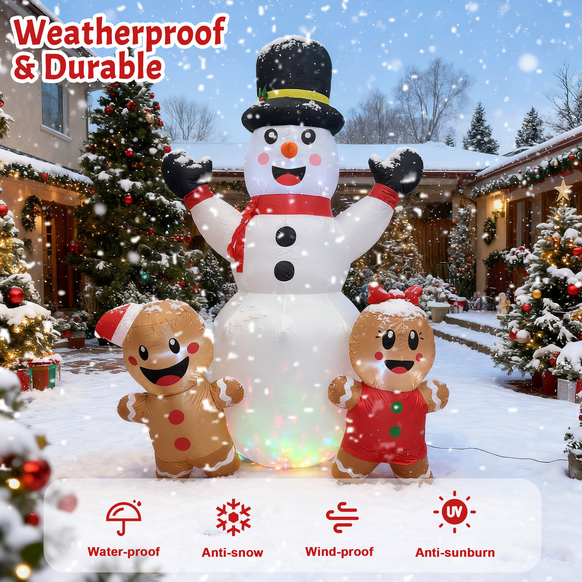 BeePrincess 7FT Christmas Inflatable Snowman & Gingerbread Men Set - Outdoor LED Decor with Adorable Trio for Yard, Garden Winter Decorations