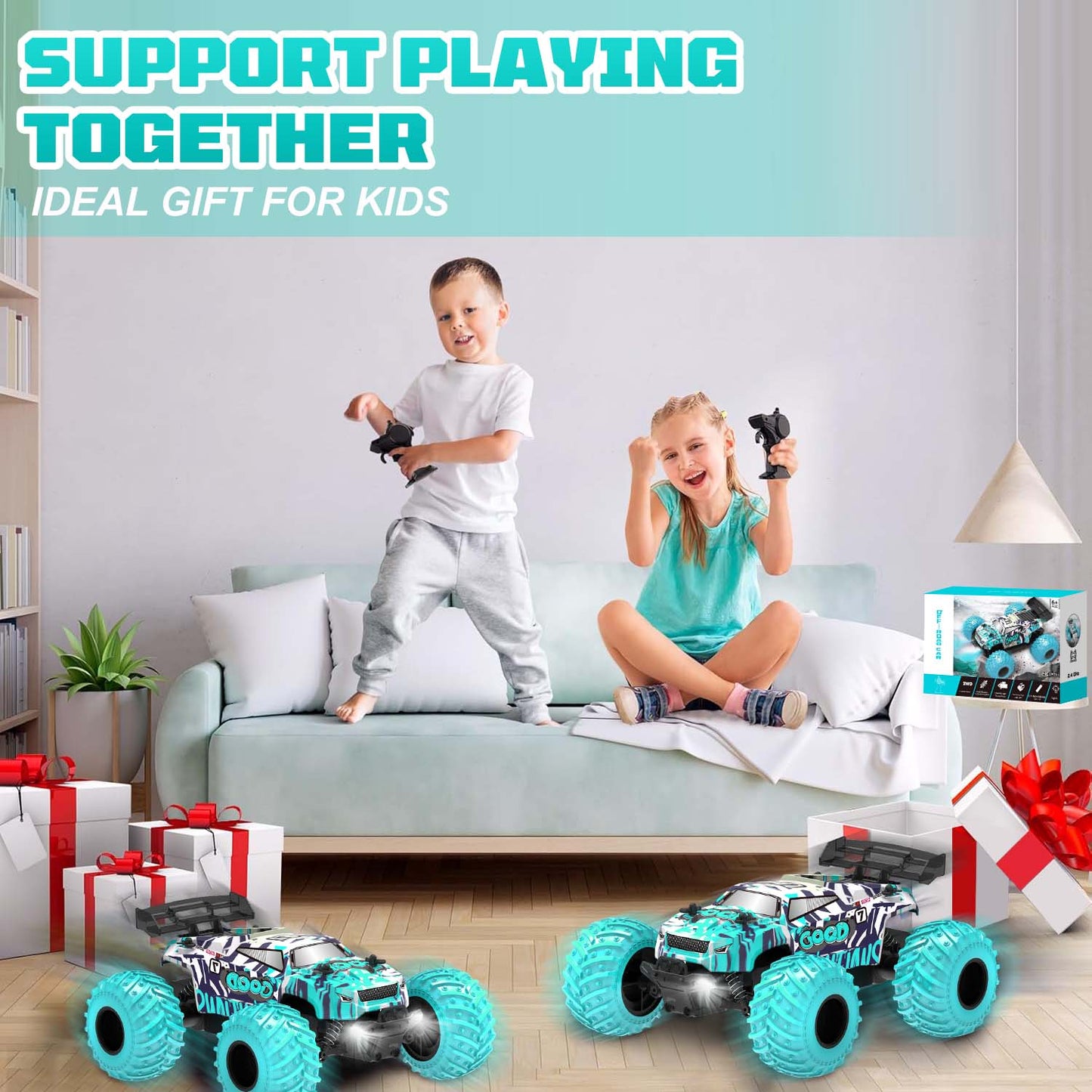 BEEPRINCESS Remote Control Car, 1:18 Scale All Terrain RC Cars, 2WD 20Km/h with Colorful LED Light and 2 Rechargeable Batteries, RC Monster Truck Off-road Racing Car Toys for Kids and Boys, Blue
